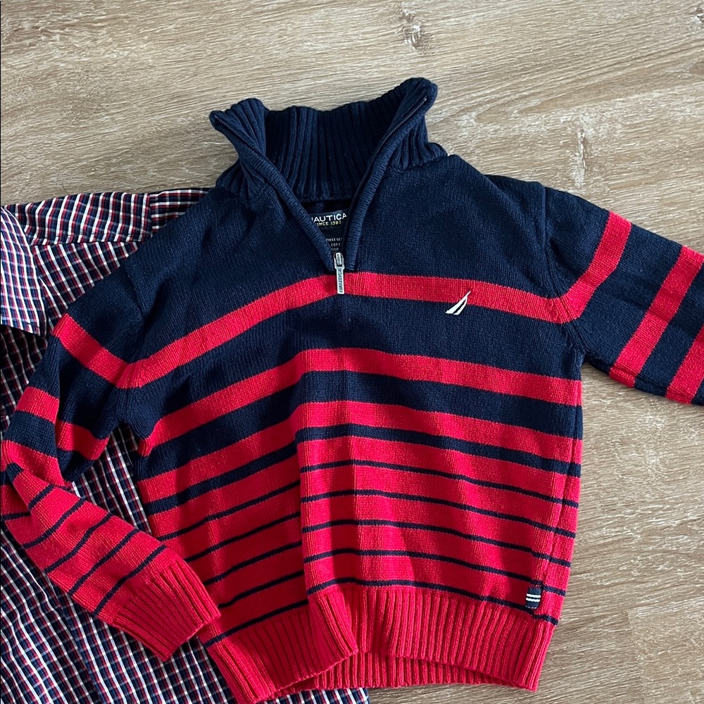 Nautica Red and Navy Striped Sweater with Checkered Shirt - Picture 2 of 7